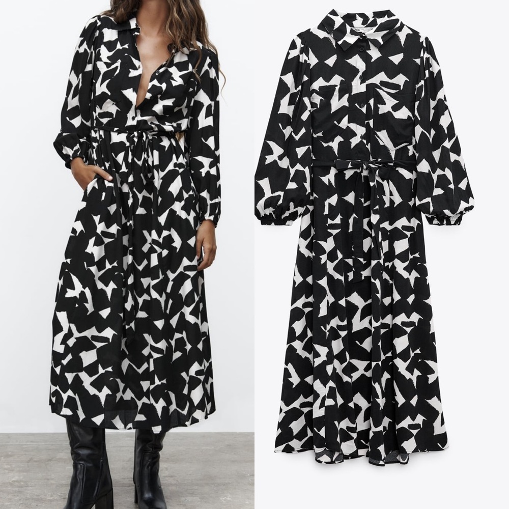 New Zara Black & White Belted Dress
